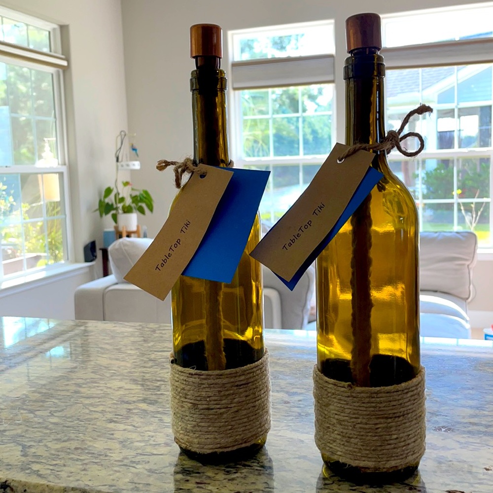 2 Handmade table top wine bottle tiki torch